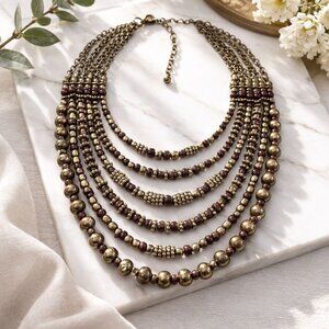 Vintage Multi Strand Bronze & Burgundy Beaded Statement Necklace With Chain Acce